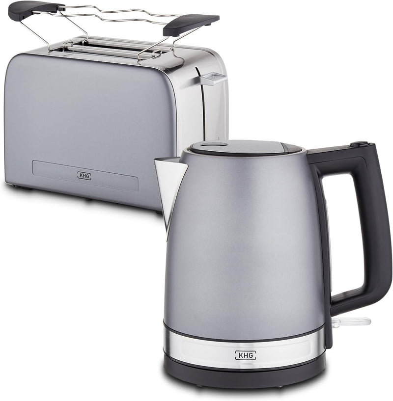 KHG Frühstücksset Wasserkocher & Toaster, Skandi Look Grau Edelstahl, 1,7 Liter & 2 Toast Scheiben,