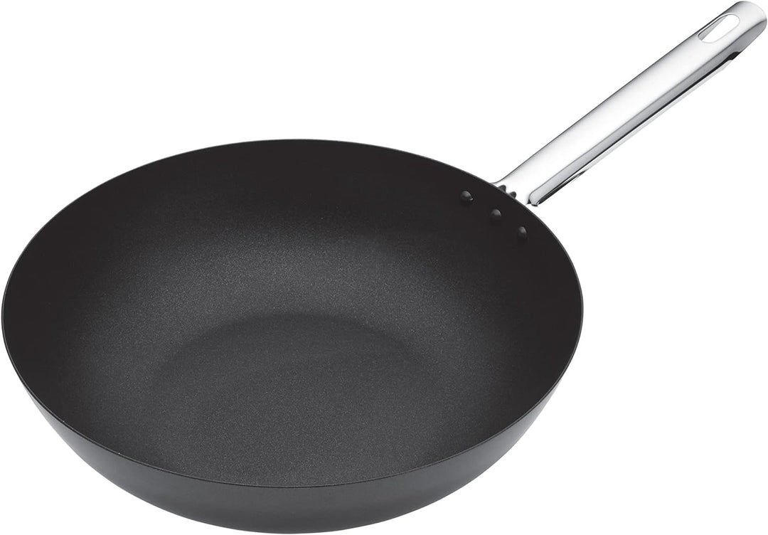 KitchenCraft MasterClass Wok, 2mm dicker Karbonstahl, Antihaftbeschichtung, Edelstahlgriff, Induktio