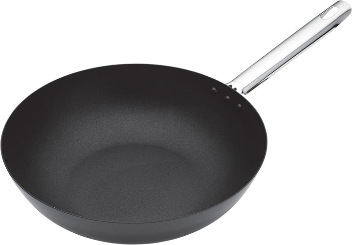 KitchenCraft MasterClass Wok, 2mm dicker Karbonstahl, Antihaftbeschichtung, Edelstahlgriff, Induktio