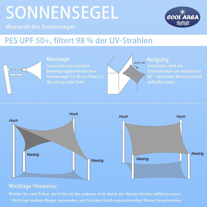 COOL AREA Sonnensegel Wasserdichtes Rechteck 4x4m UV-Block Wetterbeständig für Terrasse Garten Hinte
