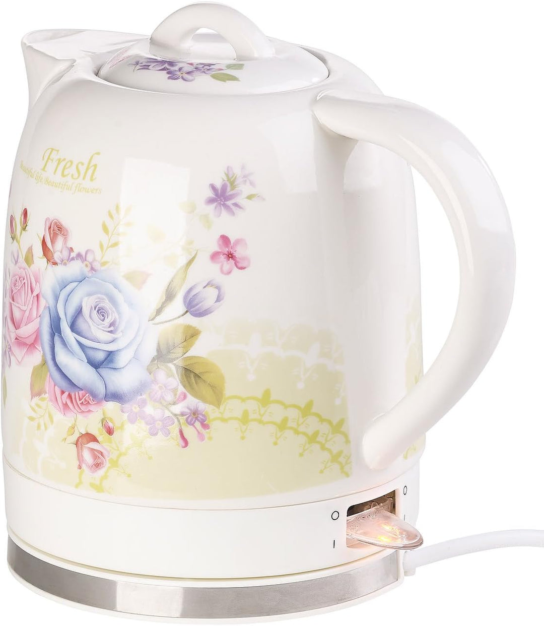 Rosenstein & Söhne Wasserkocher Blumen: Keramik-Wasserkocher mit Blumenmuster, 1,7 Liter, 1.500 Watt