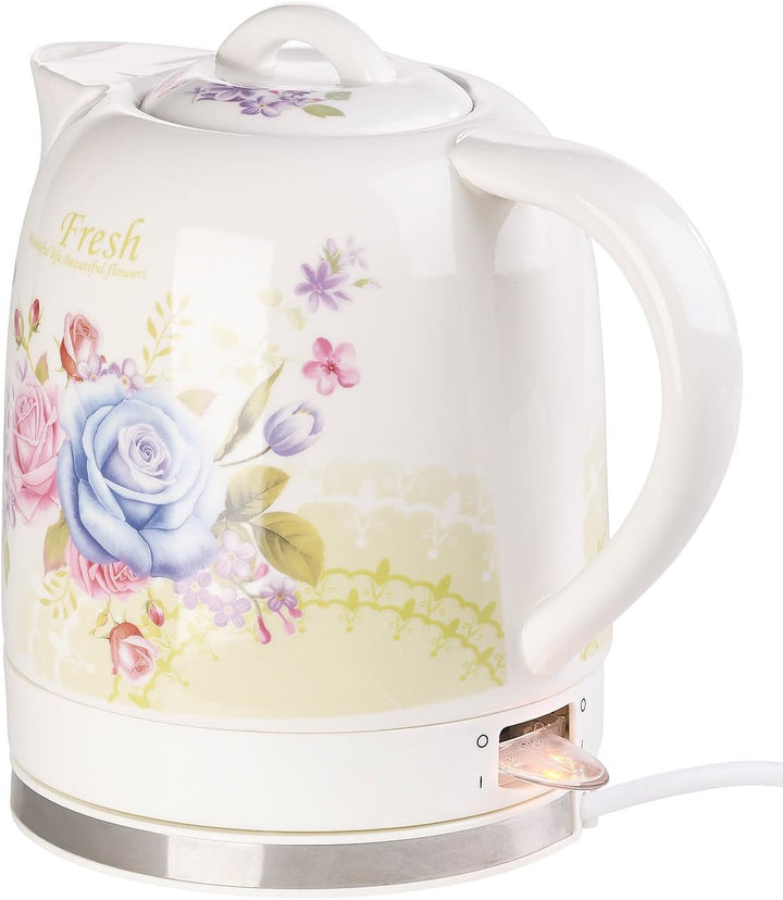 Rosenstein & Söhne Wasserkocher Blumen: Keramik-Wasserkocher mit Blumenmuster, 1,7 Liter, 1.500 Watt