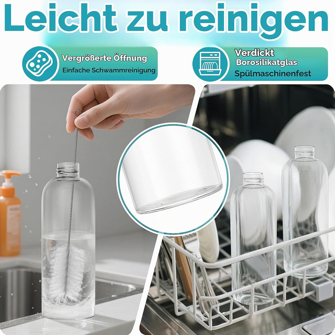 6er Set Glas Trinkflaschen 1000ml aus Borosilikatglas Wasserflaschen mit Edelstahldeckel &amp; Reinigung