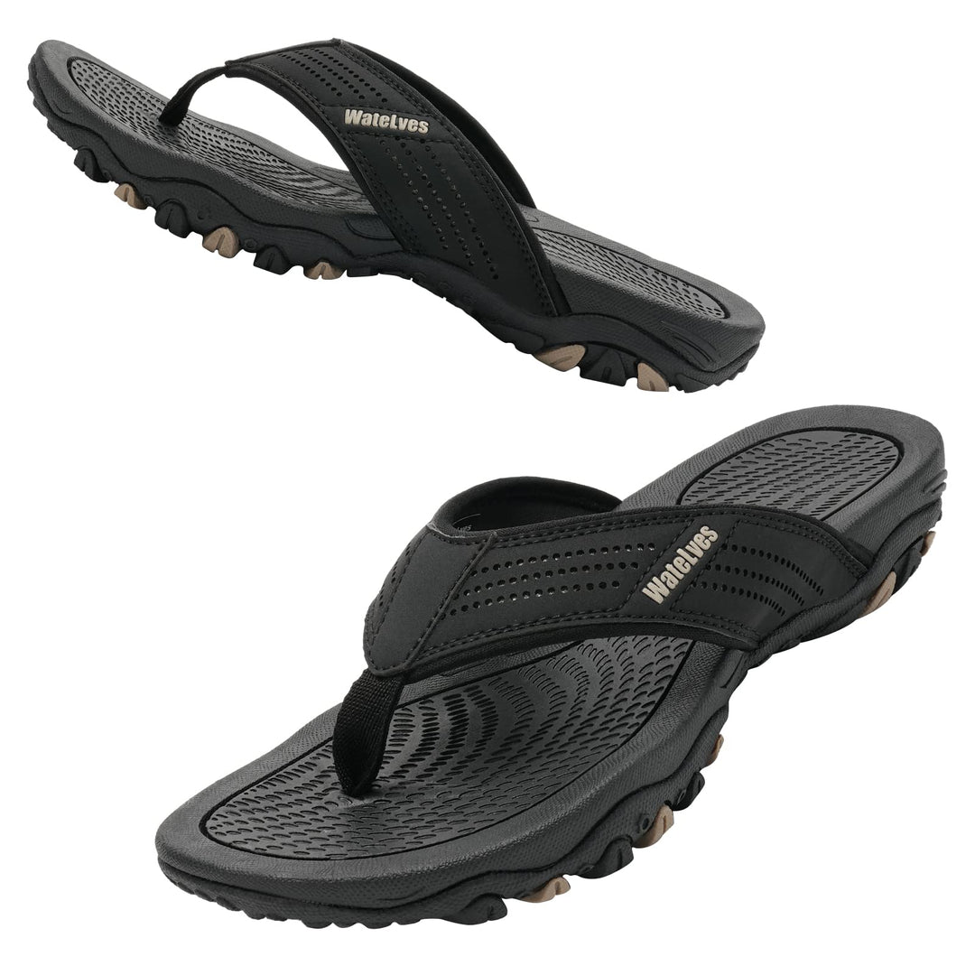 WateLves Herren Flip Flops Zehentrenner Leder mit Arch Support Sandalen Weich Leder Stoff Badelatsch