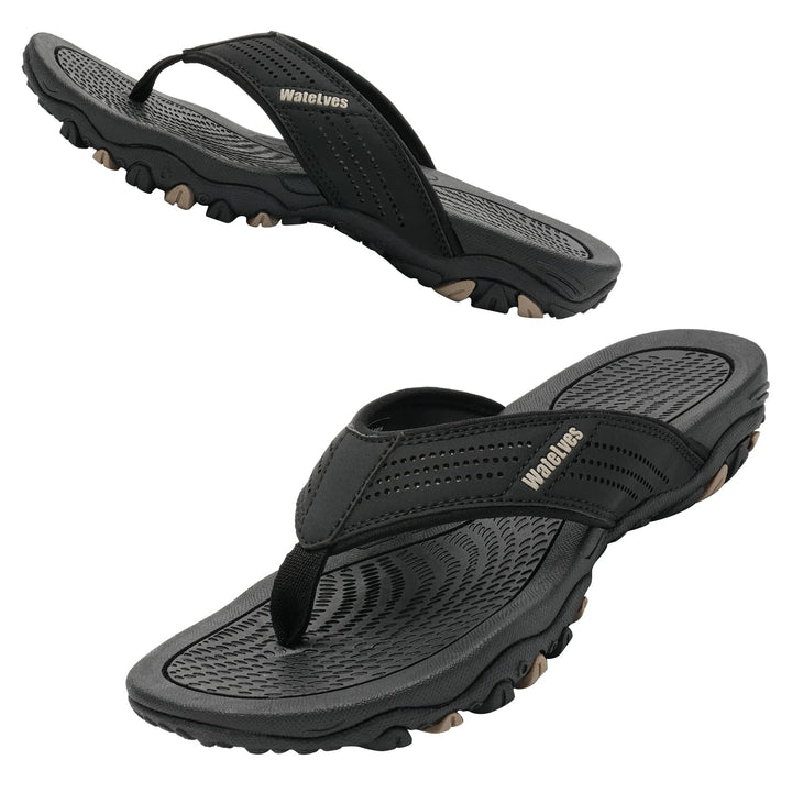 WateLves Herren Flip Flops Zehentrenner Leder mit Arch Support Sandalen Weich Leder Stoff Badelatsch