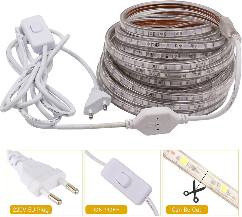 FOLGEMIR 10m LED Band mit Schalter - Kalt Weiss, 220V 230V Beleuchtung, 60 Leds/m, IP65 wasserdicht