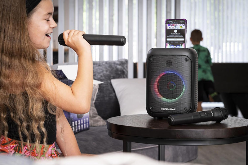 Vocal-Star Tragbare Karaoke-Maschine mit Bluetooth, 2 Mikrofone, 60-W-Lautsprecher, Lichteffekte, wi