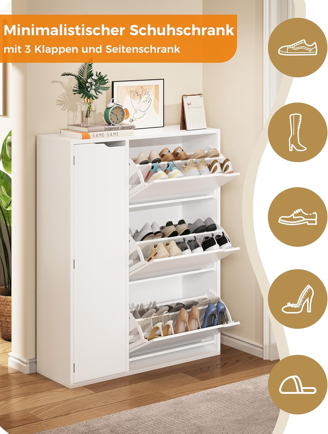 IRONCK Schuhschrank mit 3 Klappen, Schuhkipper Schmal mit Tür, Schuhregal Flur freistehend, Schuhkom