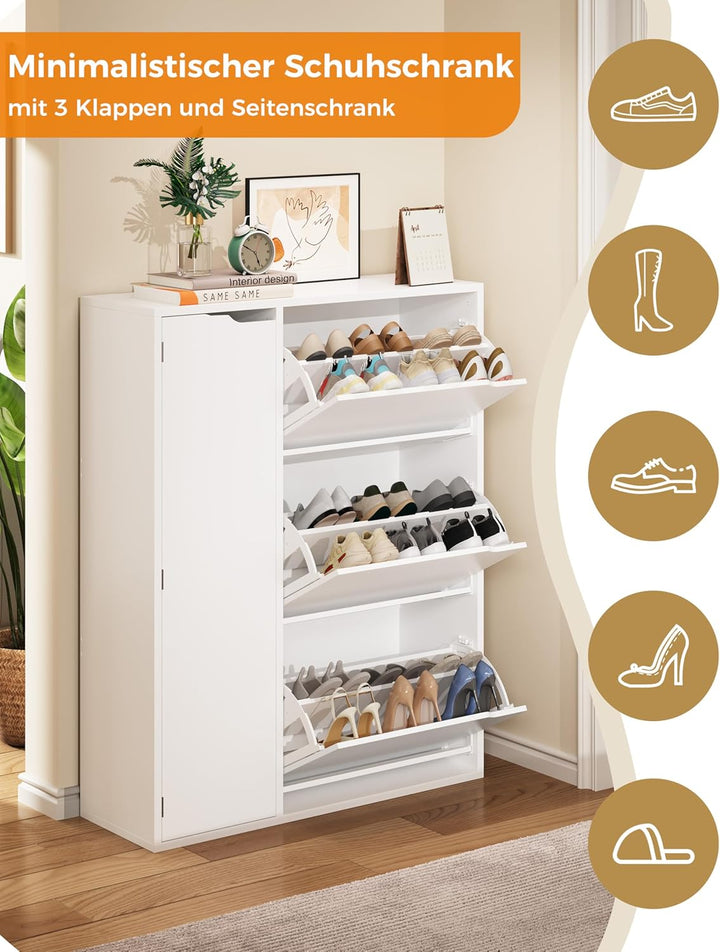 IRONCK Schuhschrank mit 3 Klappen, Schuhkipper Schmal mit Tür, Schuhregal Flur freistehend, Schuhkom