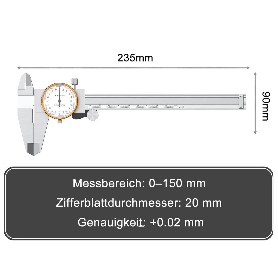 Zifferblatt-Messschieber 0-150 mm, Edelstahl Skalenmessschieber, Uhren-Messschieber analog 0,02 Aufl