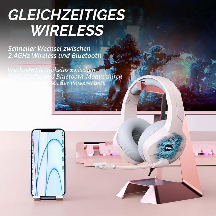 BINNUNE Gaming Headset, Wireless Headset für PS4 PS5 PC PlayStation 4 5, Gaming Kopfhörer mit Mikrof