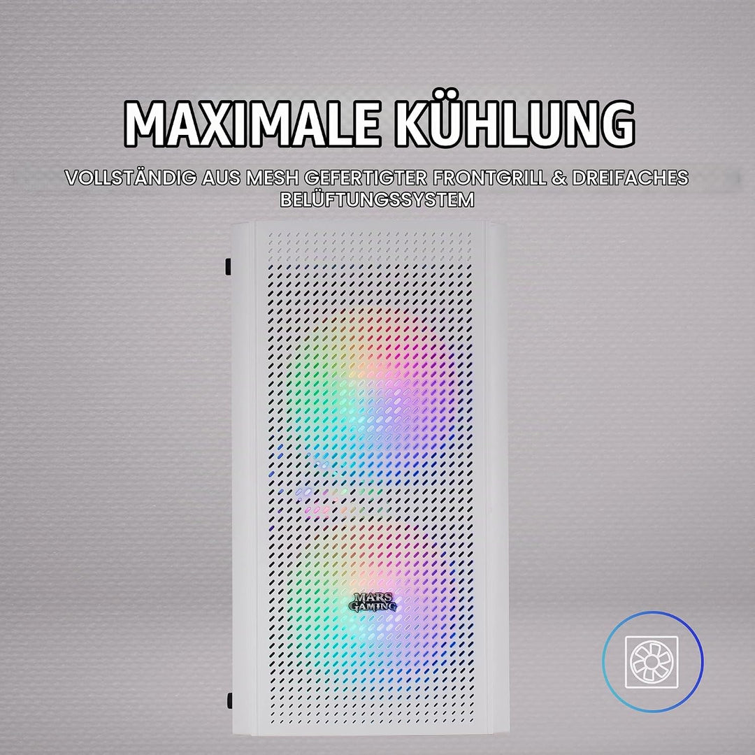 Mars Gaming MC300W Weiss, MicroATX PC Gehäuse, Gehärtetes Glas, Mesh Front, 3xFRGB Lüfter, MC300W