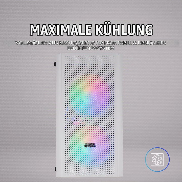 Mars Gaming MC300W Weiss, MicroATX PC Gehäuse, Gehärtetes Glas, Mesh Front, 3xFRGB Lüfter, MC300W