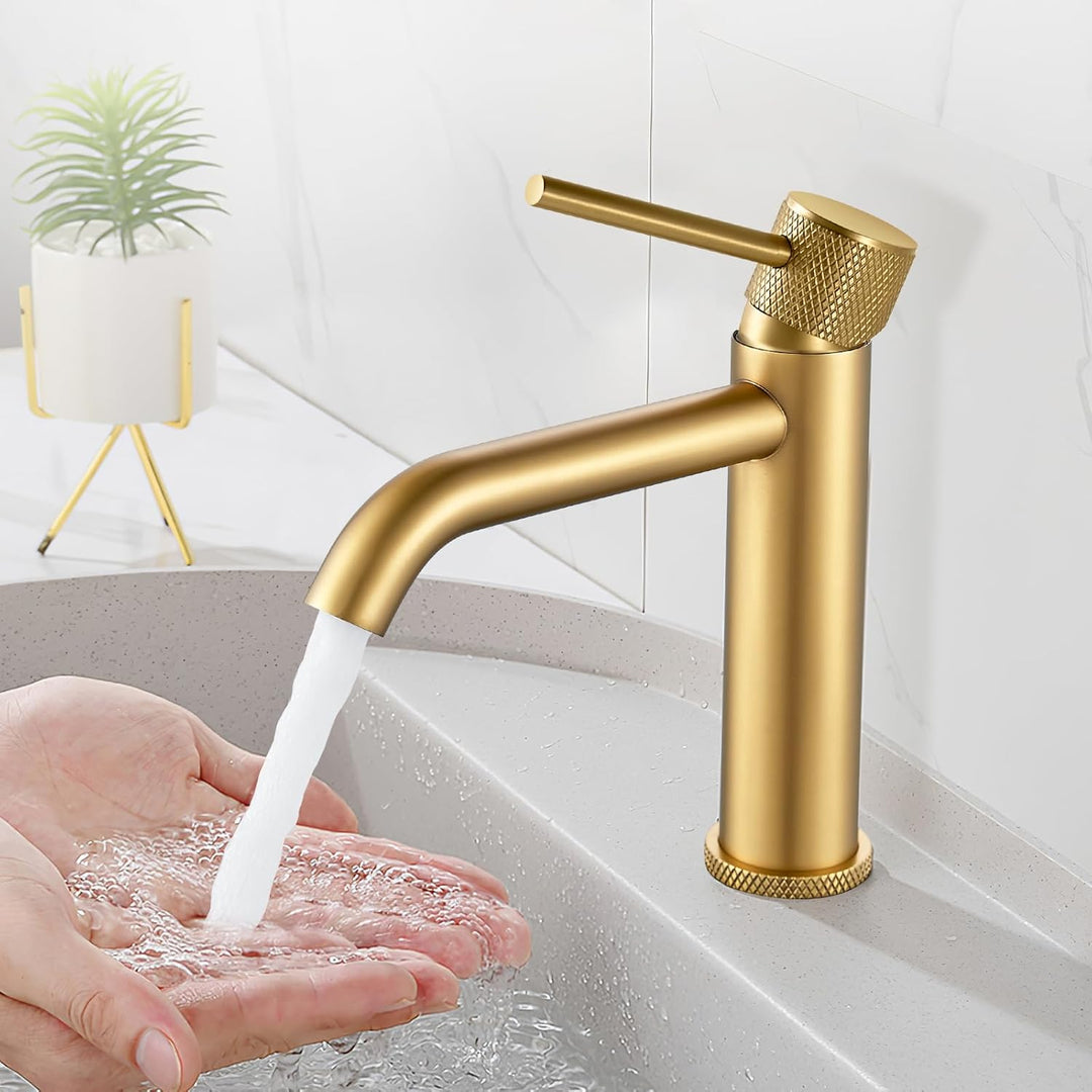 Wasserhahn Bad Waschtischarmatur Gold, Armatur Badezimmer mit Auslauf Höhe 105 mm, Einhebelarmatur G