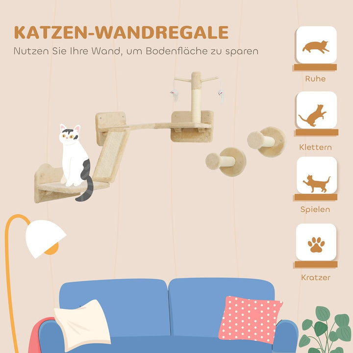 PawHut Kletterwand Katzen, 3-teilig Katzenkletterwand Set, Katzen Wandelemente mit Kratzbrett, Sprun