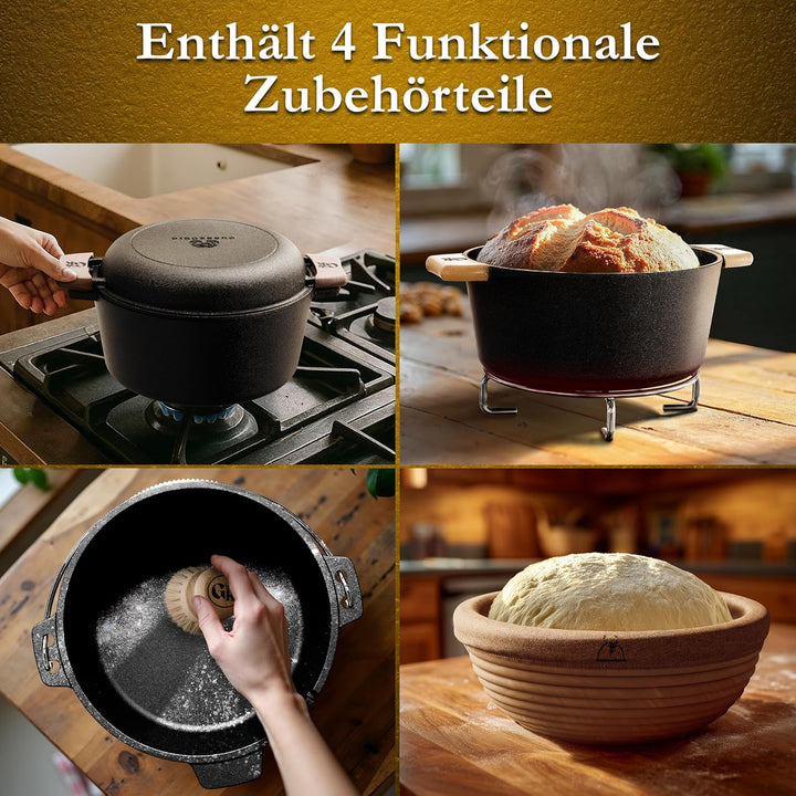 2in1 Gusseisen Brotbackform mit Gärkörbchen–Eingebrannter Gusseisen Topf Brot Backen 4,8L & Grillpfa