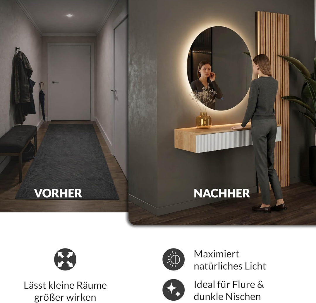Planetmöbel NOVA Spiegel mit Beleuchtung rund, Spiegel mit LED-Licht, Dekorativer Wandspiegel ohne R