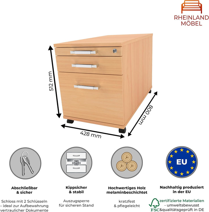 Rollcontainer CADI 43×80×51 cm – abschliessbarer Bürocontainer in Buche mit Orga-, Universal- und Hä