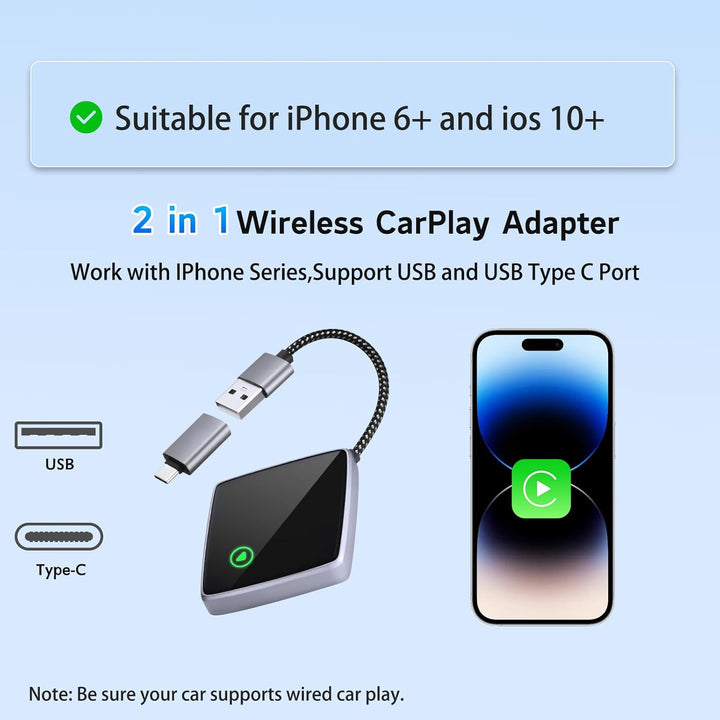 Wireless CarPlay Adapter für iPhone,Mini Carplay Adapter von Wired & auf Wireless,USB C/A Plug und P
