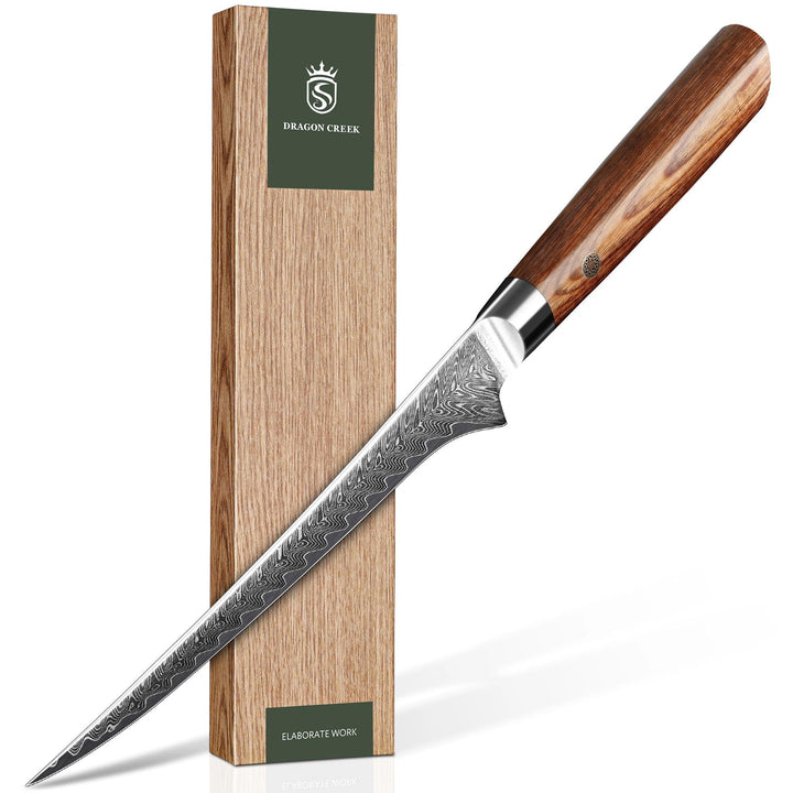 Dragon Creek Ausbeinmesser 19cm, Damaststahl, Präzises Fisch- und Fleischmesser, Ergonomischer Holzg