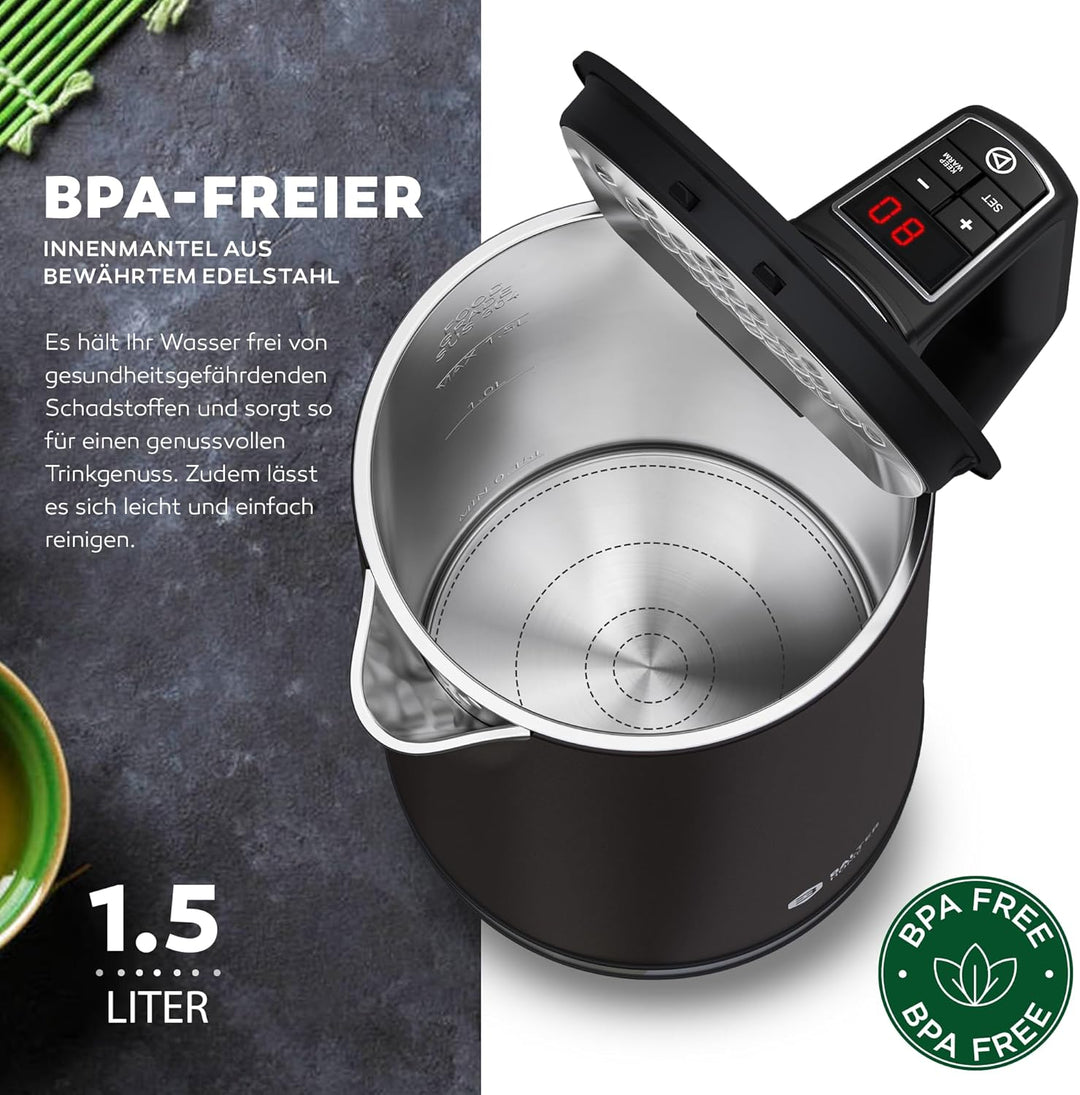 BALTER Edelstahl Wasserkocher mit Temperatureinstellung, 40°C-100°C, Doppelwand, BPA frei, leise & k