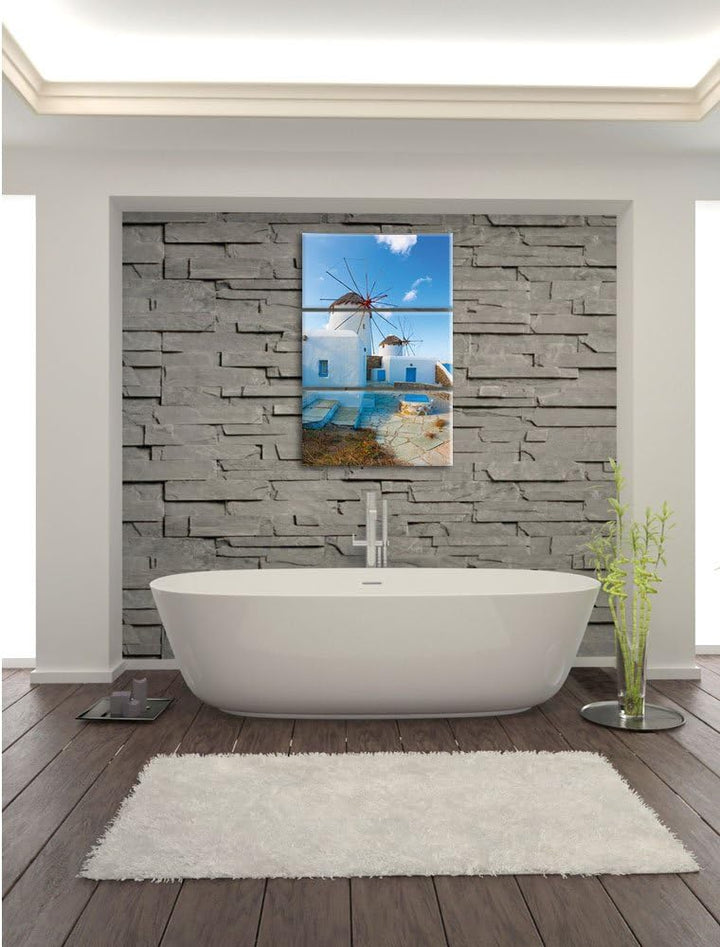 Pixxprint Windmühlen am Mittelmeer als Leinwandbild | Grösse: 3 Teilig (120x80) | Wandbild| Kunstdru