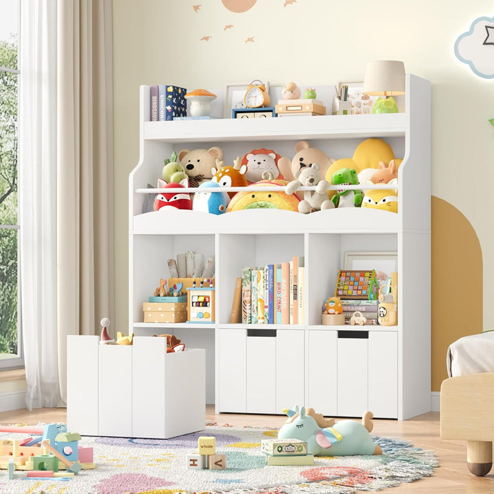 HOCSOK 110cm Kinderregal mit Boxen auf Rollen, Kinderbücherregal mit 4 Ablagefächern, Spielzeugregal