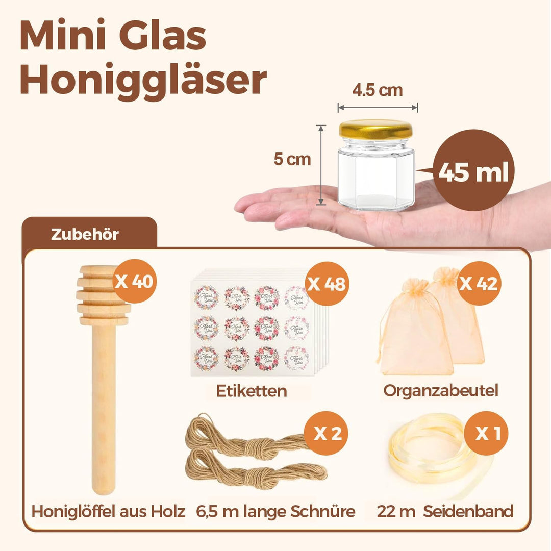 ComSaf 40 Pack 45ml Mini Glas Honiggläser für Honig, Marmeladengläser, kleine gläser mit deckel, Hon
