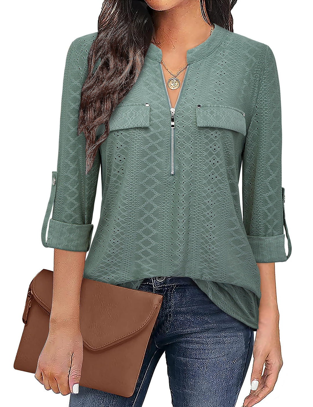 Siddhe Damen V-Ausschnitt Bluse 3/4 Ärmel Tunika Reissverschluss Langshirt Langarm Hemd Tops T-Shirt