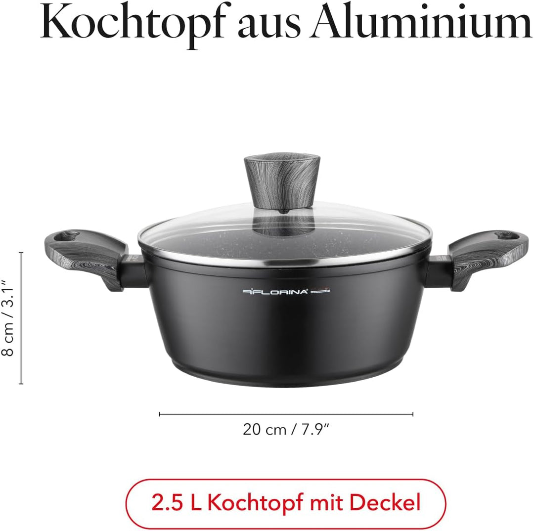 FLORINA Topf aus Aluminium (2,5 l) | 20 cm Durchmesser | Kochtopf mit Glasdeckel - Antihaftbeschicht