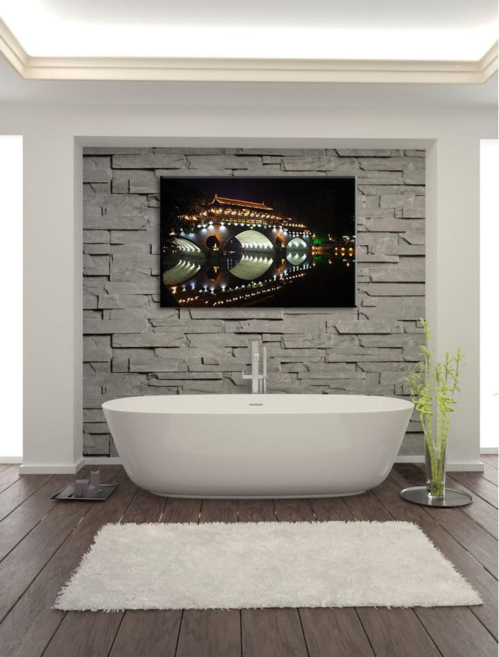 Dark hellerleuchtete chinesische Brücke Leinwand, XXL riesige Bilder fertig gerahmt mit Keilrahmen,
