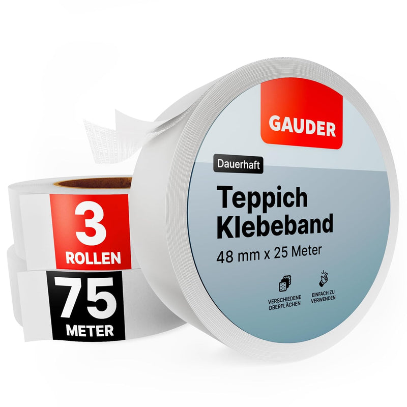 GAUDER Teppichklebeband (25m) | 3er Pack Klebeband für Bodenbeläge, Treppenstufen und mehr | Teppich