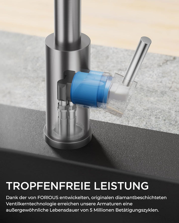 FORIOUS Wasserhahn Küche, Mischbatterie Armatur, Edelstahl, 360° Schwenkbar, Einhebel-Warm- und Küch