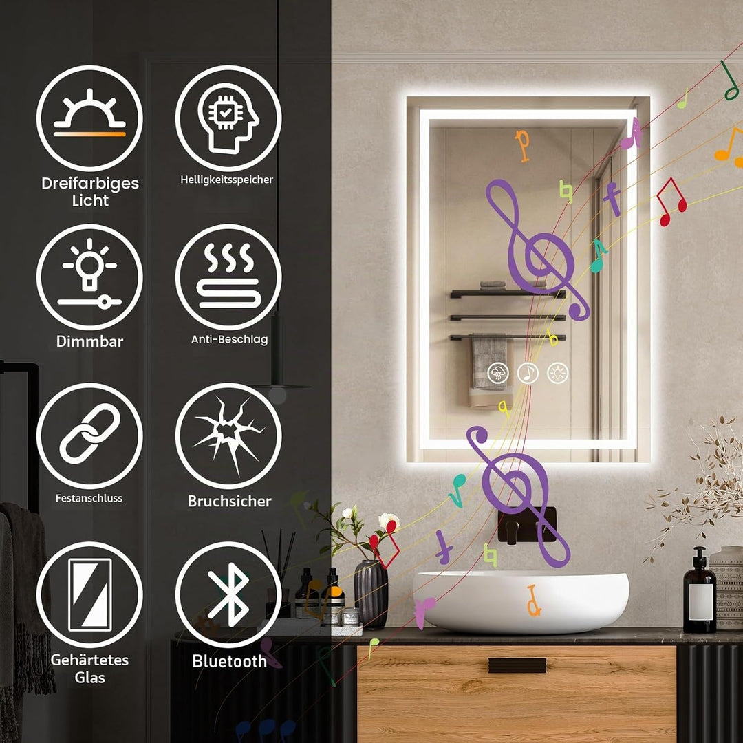 Badspiegel mit Beleuchtung LED, 40x60cm Bluetooth Spiegel mit Light, Wandspiegel mit Frontbeleuchtun
