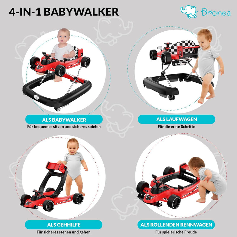 BRONEA® 4-in-1 Baby Lauflernhilfe Babywalker ab 6 Monate | Gehfrei als Auto mit Lenkrad & Musik | Hö