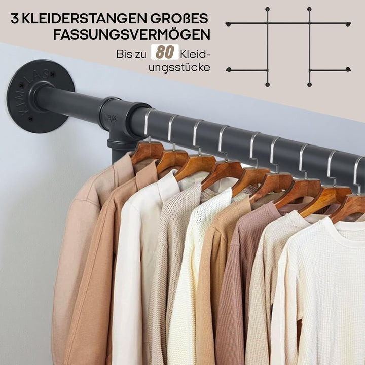 Offener Kleiderstange Wandmontage 200kg Traglast, Begehbarer Kleiderschrank mit 5 Kleiderstangen, 11