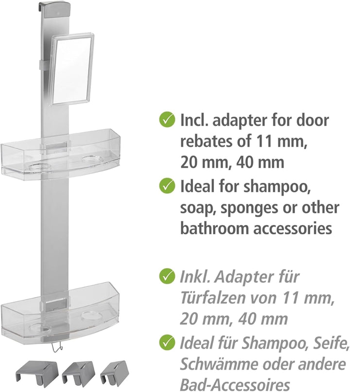 WENKO Duschcaddy Premium, Duschregal mit Antibeschlagspiegel, 2 Ablagen & Edelstahlhaken, einfaches