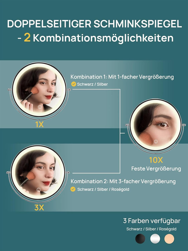 OMIRO 3X/10X Vergrösserungs Make-up Spiegel mit Lichtern, 8,5 Zoll doppelseitiger schwenkbarer Kosme