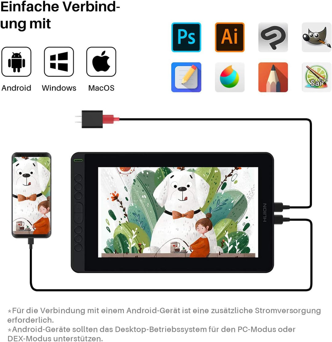 HUION Kamvas 12 Grafiktablett mit Display, 11,6 Zoll Stift-Display mit batterielosem Stift, 8 Expres