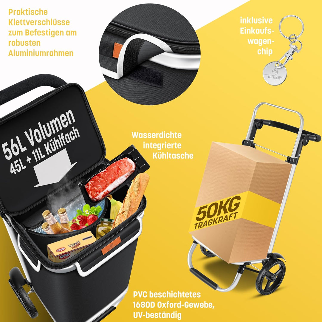 KESSER® Einkaufstrolley klappbar mit 56L Kapazität und belastbar bis 50kg | 3in1 Trolley Sackkarre &