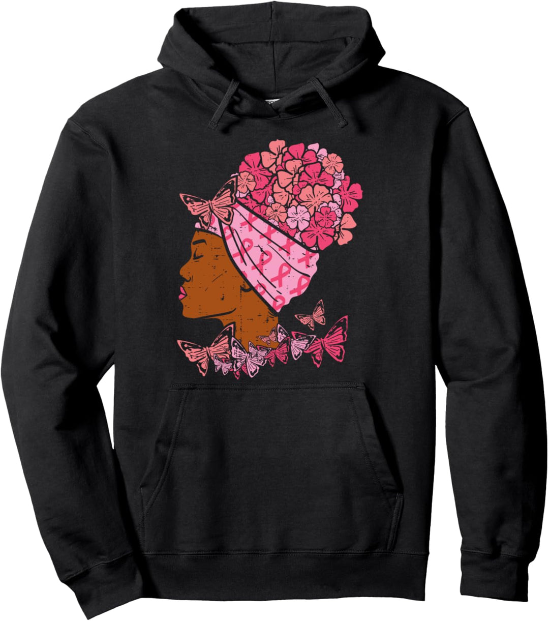 Schwarze Frau Schmetterlinge rosa Brustkrebs-Bewusstsein afrikanisch Pullover Hoodie
