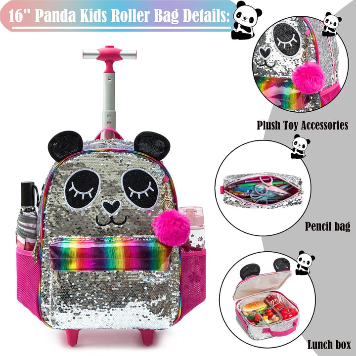 Rucksack Mädchen Schulranzen Trolley Silber Rot Panda Pailletten Trolley Rucksack Schulrucksack Teen