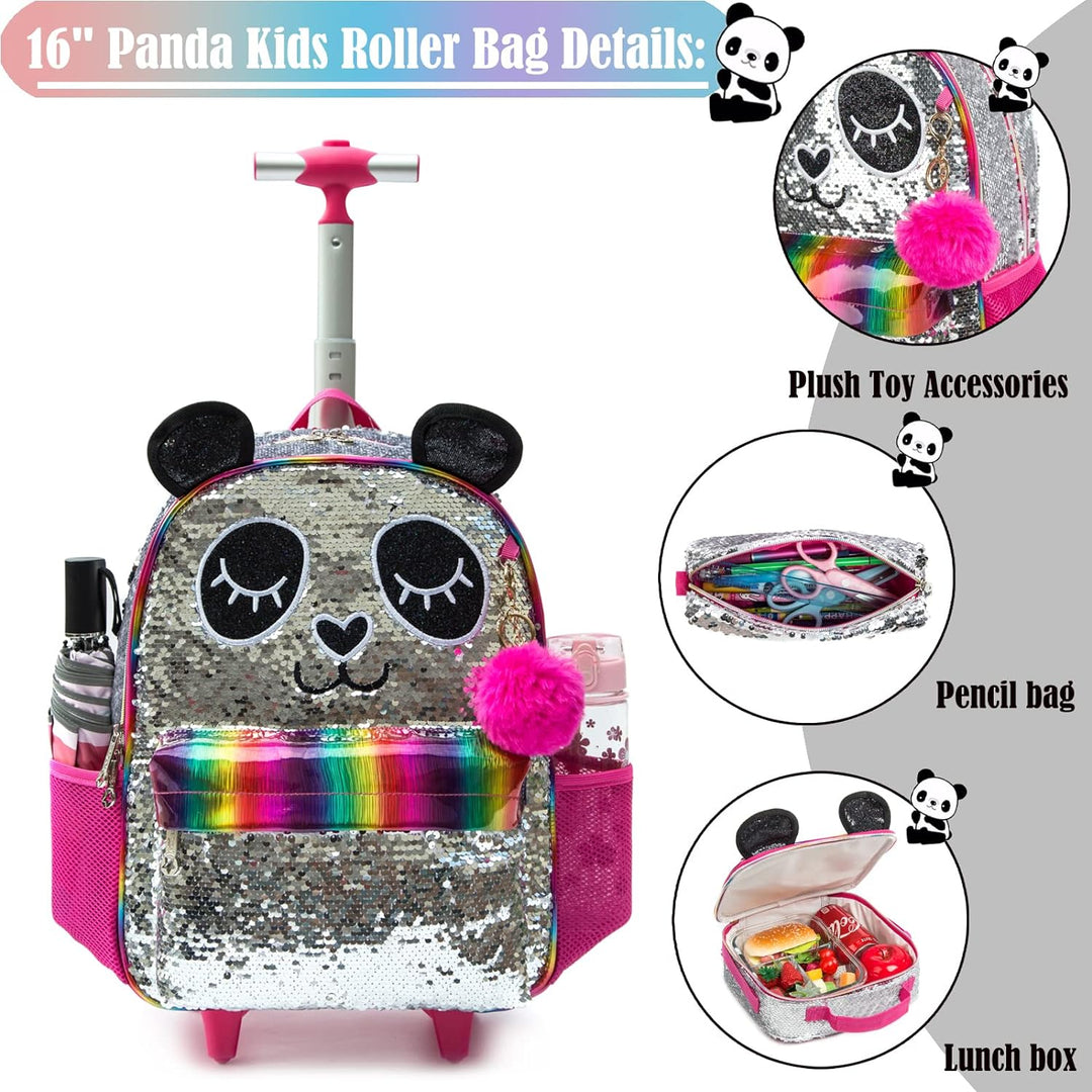 Rucksack Mädchen Schulranzen Trolley Silber Rot Panda Pailletten Trolley Rucksack Schulrucksack Teen