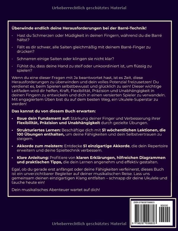 Das Ukulele Workout-Buch. Barré-Technik Übungen.: Ukulele Standard Stimmung GCEA. 51 ultimative wöch