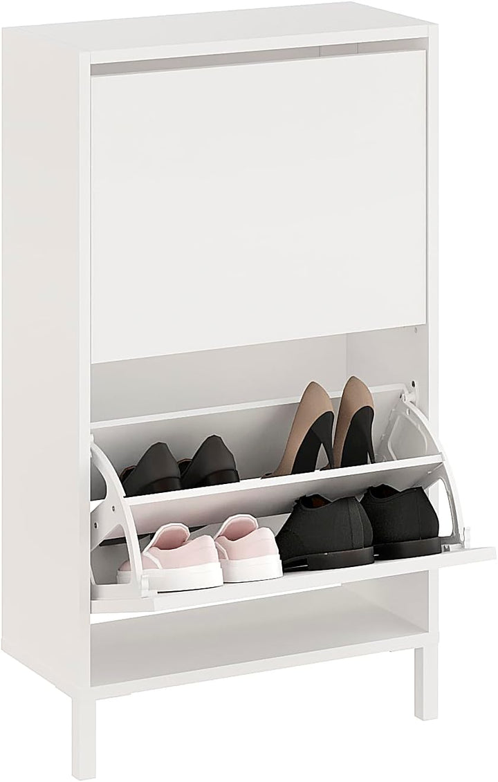 KOMTO Schuhschrank Schmal Weiss - Schuhregal Geschlossen mit 2 Klappen | Schuhkipper Trek 55 x 25 x