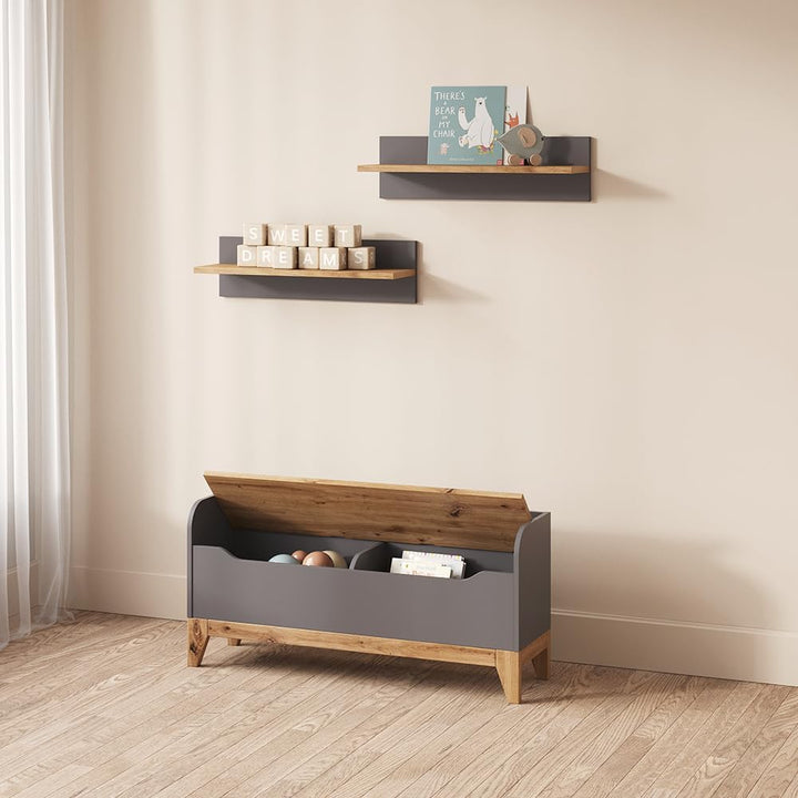 Livinity Spielzeugtruhe Malia, Grau/Artisan, 107.2 x 50 cm mit Sitzbank Grey/Artisan Oak, Grey/Artis