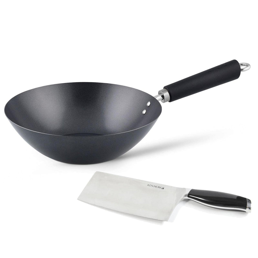 Ken Hom grosser Wok 27 cm Induktion Antihaft aus Karbonstahl mit Phenolharz-Griff - Set inkl. Hackme