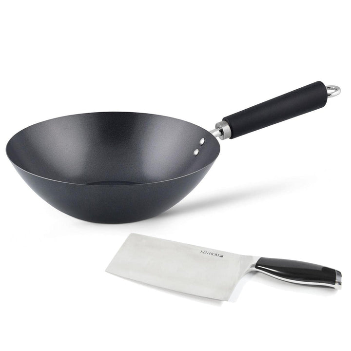 Ken Hom grosser Wok 27 cm Induktion Antihaft aus Karbonstahl mit Phenolharz-Griff - Set inkl. Hackme