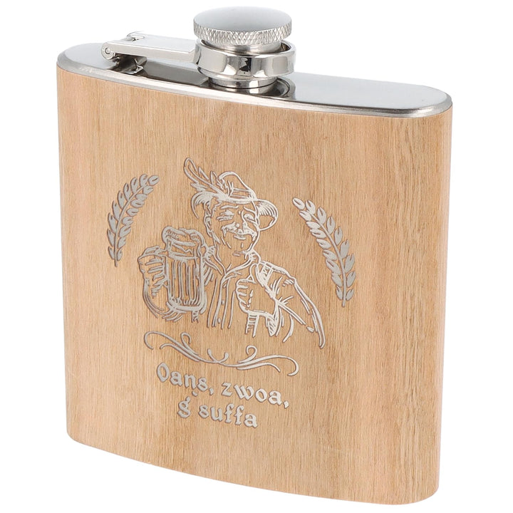 Spruchreif | Flachmann "Oans, zwoa, g’suffa" mit Mann-Motiv | Gravierte Edelstahl-Hip Flask | 170 ml