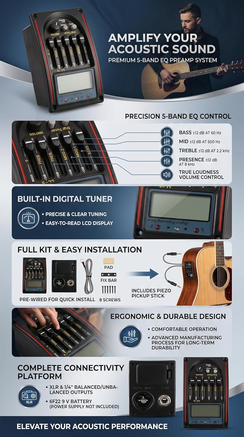 Bnineteenteam 5 Band Gitarren Tonabnehmer EQ Equalizer Piezo Tonabnehmer Akustischer Gitarren Vorver